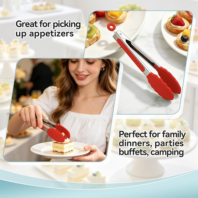 Small Cooking Tongs 7 inch Mini Serving Tongs with Silicone Tips, Set of 3 (Red + Green + Blue)