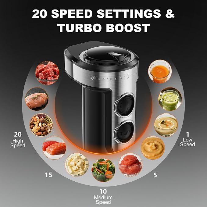Immersion Blender Handheld 1200W, 20-speeds, 5-in-1 Handheld Mixer | Mining Beaker,Chopper,Whisk, Frother and Stick Blender Suitable for Kitchen, Protein Shakes and Baby Food - Silver