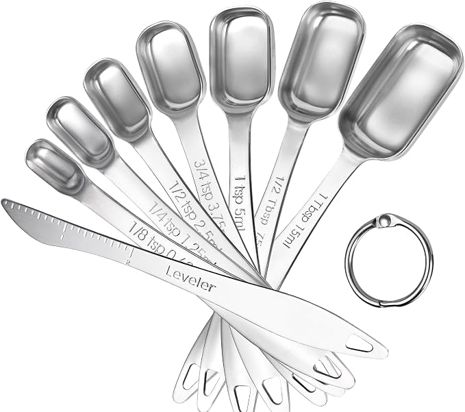 U-Taste Narrow Square Measuring Spoons, Metal Measure Set of 8 with Leveler | Long Handle Rectangular Teaspoon Tablespoon, 18/8 Stainless Steel Polygons Measure Spoon Set, Narrow Scoop for Spice Jars