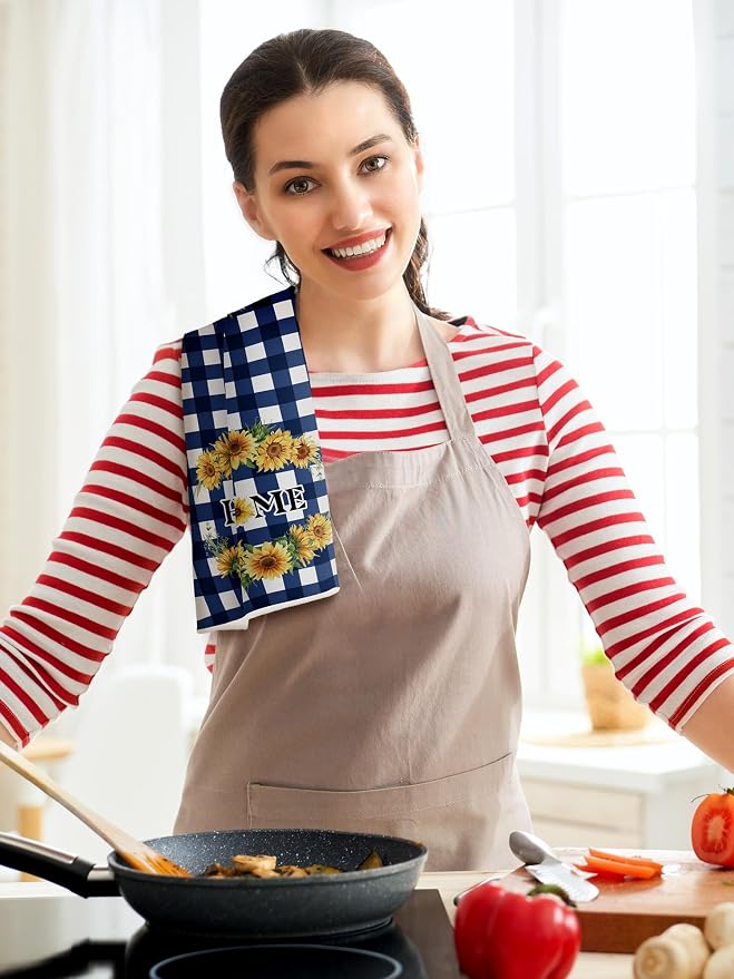 4 Pcs Sunflower Kitchen Towels Set, Hand Tea Towels Gifts | Absorbent Fast Drying Dish Clothes Floral Blue White Plaid Decor Housewarming Gift for Cooking Bathroom Kitchen Decor