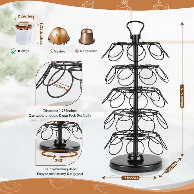 K Cup Holder, Coffee Pods Holder Storage Organizer Stand,40 Pods Capacity | K Cup Organizer,360°Rotating K Cup Carousel,Space-Saving for Countertop,Easy-Grip Top Handle,K Cups Holder Easy Assembly