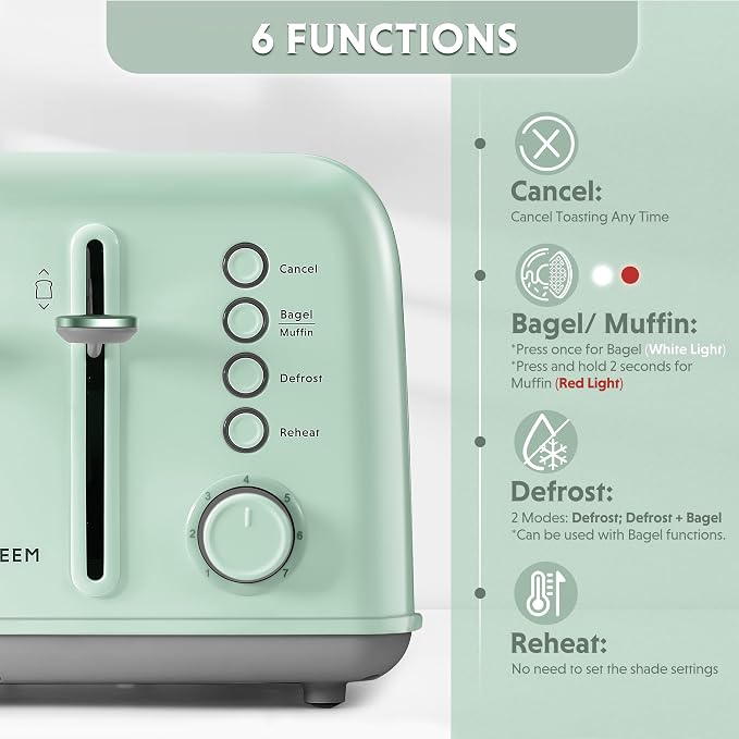 BUYDEEM DT640 4-Slice Toaster, 7 Shade Settings, Extra Wide 1.5’’ Slots for Bagel & English Muffin, 6 Toasting Functions, Retro Stainless Steel Toaster with High Lift Lever, 1800W, Green