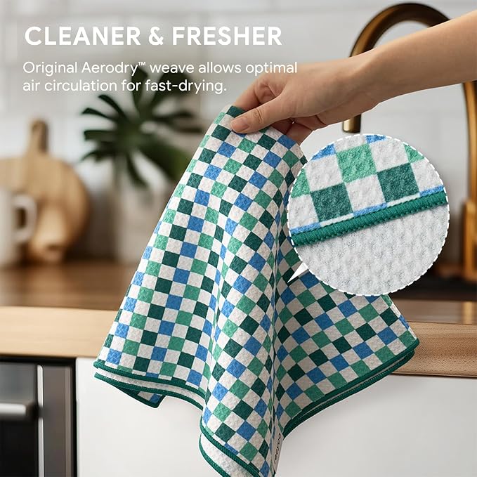 RECYCO Waffle Kitchen Towel Set of 2 - Quick Dry Microfiber Sustainable Dish Towels - Ultra Absorbent Reusable Cleaning Tea Towels - Lightweight Hand Towels,16”x 28”, Checkerboard Bliss