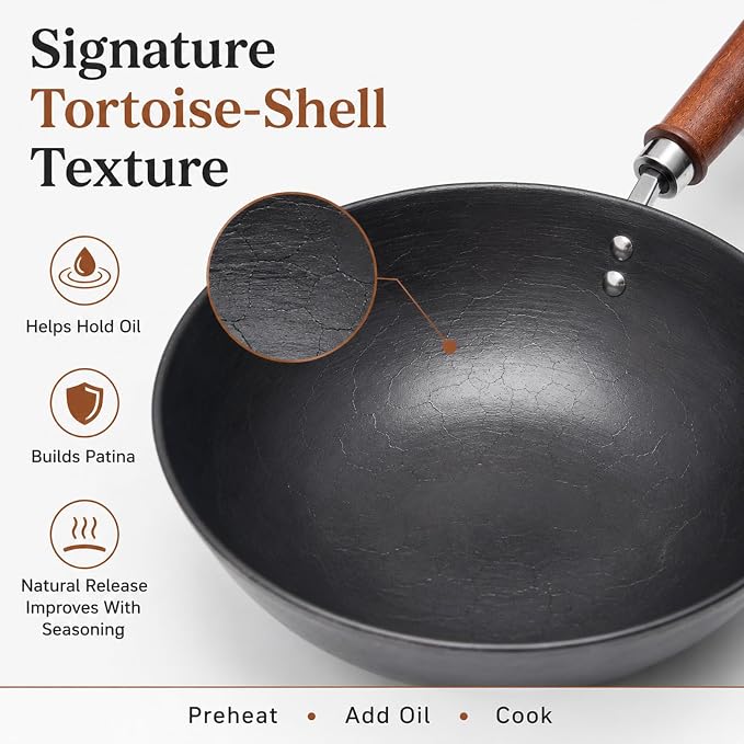 Carbon Steel Wok Pan, Flat Bottom Stir Fry Wok (10.20 inch)