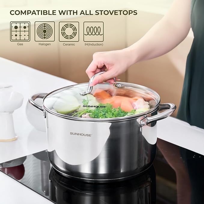 Sunhouse 6 QT Stainless Steel Stock Pot with Lid - Large Pot for Cooking | Stainless Steel Pot For Pasta, Soup, Spaghetti - Impact Bonding Base Big Pots for Canning, Boiling - Induction Compatible