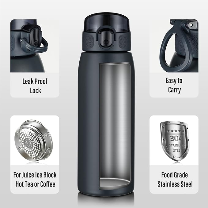 Insulated Water Bottle 18 oz with Dustproof Lid, Carry Handle & Tea Infuser, BPA-Free & Leakproof, Stainless Steel Water Bottles Ideal for Fitness, Hiking, Office & Outdoor Use (Cold Gray)