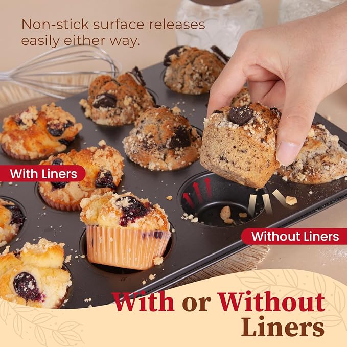 CARTMAN 12-Cup Muffin Pan & 200 Liners, Nonstick Carbon Steel Cupcake Tin | Includes 200 liners, durable carbon steel, nonstick release, for cupcakes, muffins, egg bites, brownies, oven safe 450°F