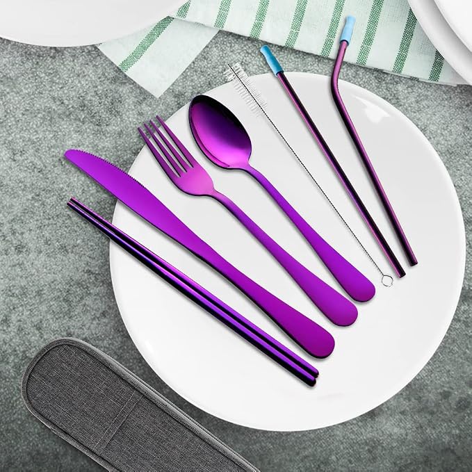 Travel Utensils Set with Case Reusable Portable Cutlery Set Stainless Steel 8pcs Including Dinner Knife Fork Spoon Chopsticks straws (Purple) | Dishwasher Including Dinner Knife Fork Spoon Chopsticks Straws Travel Fork Spoon Knife for Work, School, Cam...