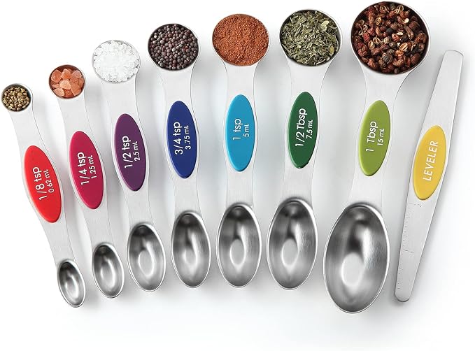 Spring Chef Stainless Steel 8 Magnetic Measuring Spoons, 2 Pack, Multicolor | Dual Sided Metal Teaspoon & Tablespoon Measuring Spoons with Leveler for Dry & Liquid Ingredients, Nesting, Dishwasher Safe