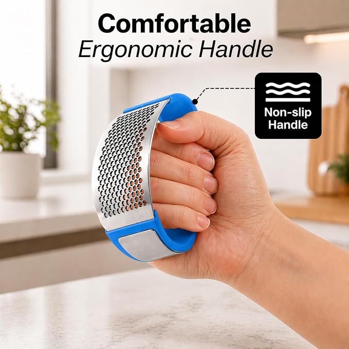 Zulay Kitchen Stainless Steel Garlic Press Rocker Set - Premium Garlic Mincer Garlic Crusher - New Innovative Garlic Crusher with Peeler and Scraper - Comfortable Grip (Blue)