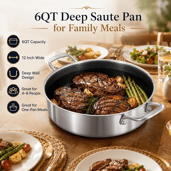 DELARLO Frying Pan,12 inch Skillet with lid,Tri-Ply Stainless Steel Saute Pan 6QT,Dishwasher-Friendly,Stay-Cool Handles,Oven-Safe Up to 660℉