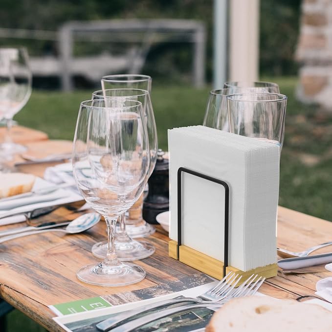 Wican Napkin Holder for Table, Bamboo Iron Standing Napkin Dispenser | Kitchen Dining Table Farmhouse Cocktail Picnic Rustic Wood Holders, Mail Bills, Suitable Dining Room Decors, Black & Yellow