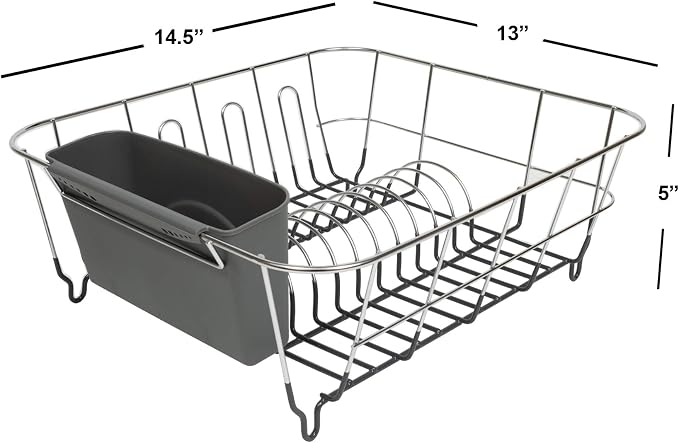Sweet Home Collection 2 Piece Dish Drying Rack Set Drainer with Utensil Holder Simple Easy to Use Fits in Most Sinks, 12" x 14.5" x 5", Dark Gray, 1