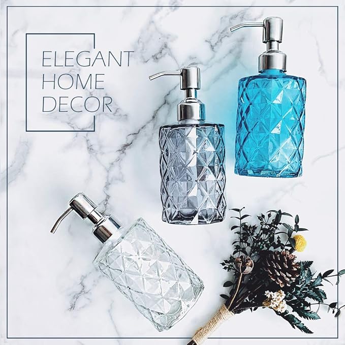 JASAI 12Oz Diamond Grey Glass Soap Dispenser with 304 Rust Proof Soap Pump | Dish Soap Dispenser with 304 Rust Proof for Kitchen, Bathroom Soap dispenser for Hand Soap, Liquid Soap