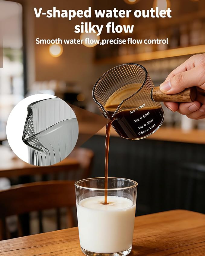 Espresso Measuring Cup 3 Oz, Espresso Glass Cups with Wood Handle, Milk Frothing Cup, Espresso Cup for Coffee, Milk, Tea or Maple Syrup Serving (Gray, 3 oz)