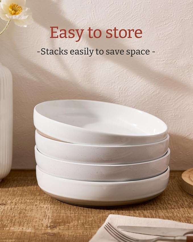 famiware Milkyway 33 oz Pasta Bowls Set of 4, White | Scratch-Resistant Stoneware Salad Bowls, Stackable, Dishwasher & Microwave Safe, Lead-Fre