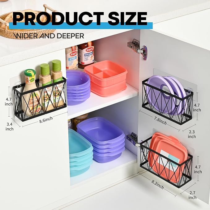 3 Pack Cabinet Organizer - Adhesive Lid Organizer Slim Space Wall Mounted Inside Cabinet Door Storage for Kitchen, Bathroom, Pantry, Under Sink