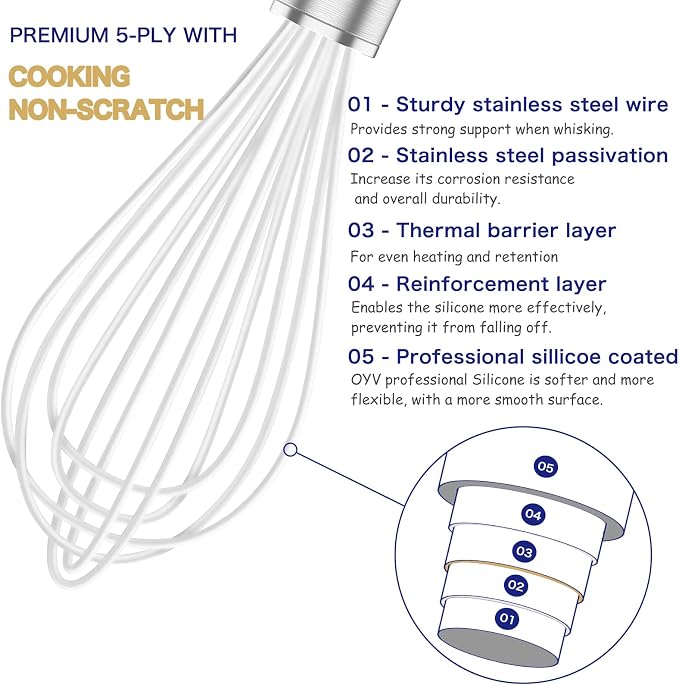 OYV White Silicone Whisk Set of 3, 8/10/12 Inch, Non-Scratch | BPA-Free Silicone, Heat Resistant Up to 480°F, Stainless Steel Core, Dishwasher Safe, Nonstick-Safe
