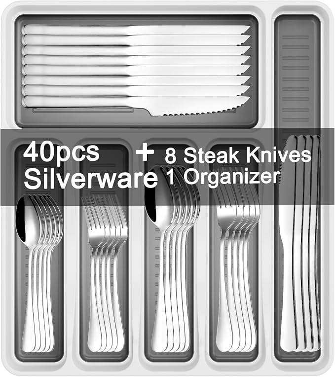 49-Piece Stainless Steel Silverware Set with Cutlery Organizer, Service for 8 with Steak Knives and Kitchen Utensils