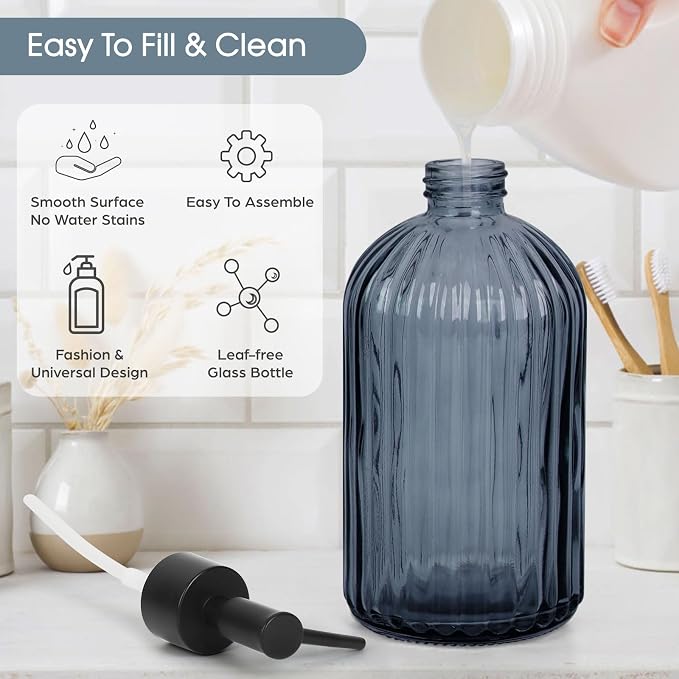 Topsky Stripe Glass Soap Dispenser with Black Plastic Pump, 400ml Liquid Hand Soap Dispenser, Rustproof Pump for Kitchen & Bathroom, Great for Lotions, Essential Oil, Liquid Soaps- (Grayish Blue)