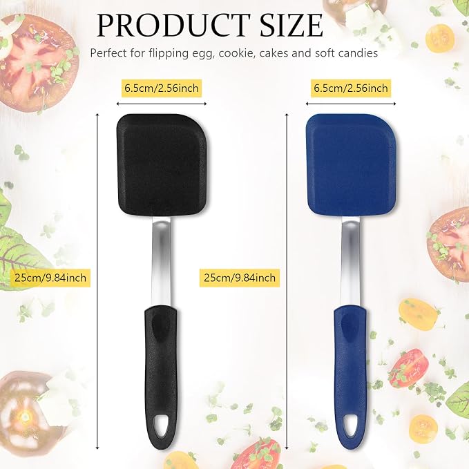 Silicone Cookie Spatula Turner 2 Pack Mini Brownie Spatula Flexible Kitchen Small Silicone Turner for Nonstick Cookware Heat Resistant No Scratch Flipper for Egg(Solid Flat,Black,Blue)