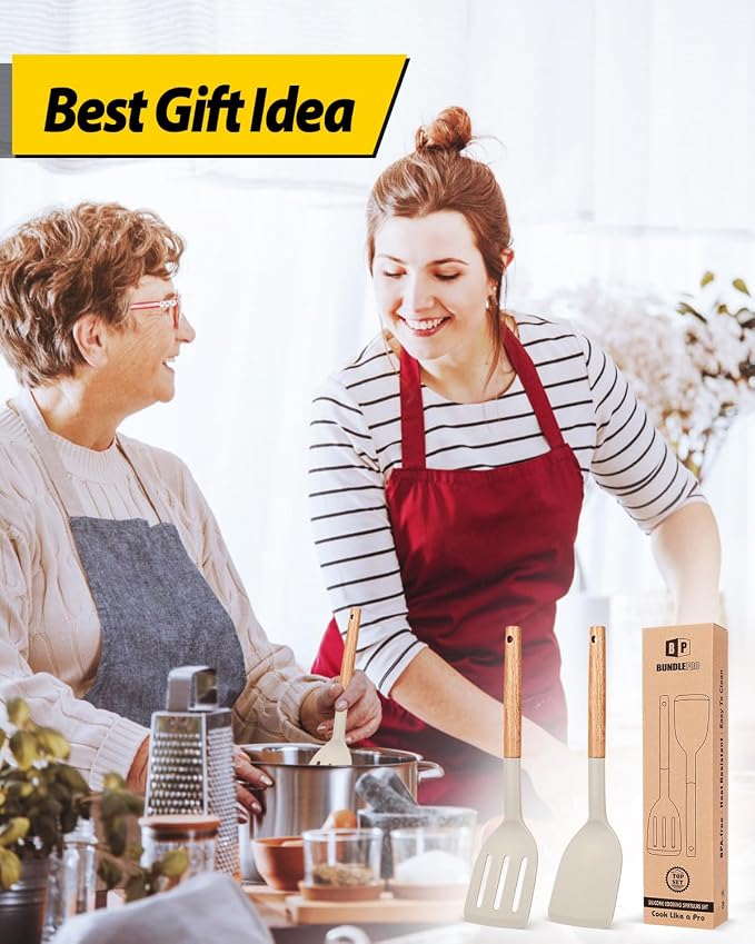 Pack of 2 Silicone Cooking Spatula, Heat Resistant Solid Turner, Non Stick Slotted Spatulas with Wooden Short Handle,Ideal Wood Kitchen Utensils Set for Frying, Baking, Flipping, Turning