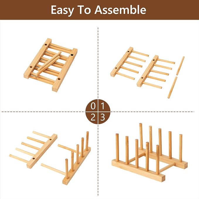 HBlife 4pcs Bamboo Dish Plate Bowl Cup Book Pot Lid Cutting Board Drying Rack Stand Drainer Storage Holder Organizer Kitchen Cabinet（Keep Dry）