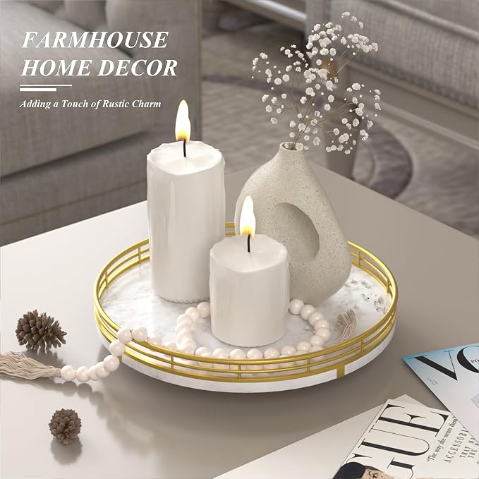 AMH 10-Inch White Marble Lazy Susan with Gold Frame | Smooth rotating oak tray with walnut finish for dining tables, kitchen counters, pantries and cabinet storage.