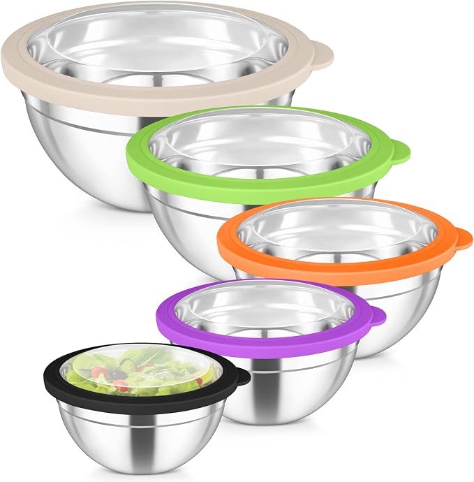 TeamFar Mixing Bowls Set, 4.5/3/1.5/1/0.7 QT Salad Bowl with Lids, Colorful | Stainless Steel Nesting Bowls with Visible Airtight Lids, For Serving/ Mixing/ Storing, Non-Toxic & Dishwasher Safe, Set of 5