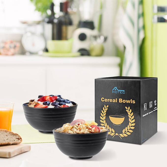 HOTEC 12-PACK BPA Free Unbreakable Plastic Cereal Bowls - Microwave & Dishwasher Safe Soup Salad Camping Bowls, 26OZ, Black