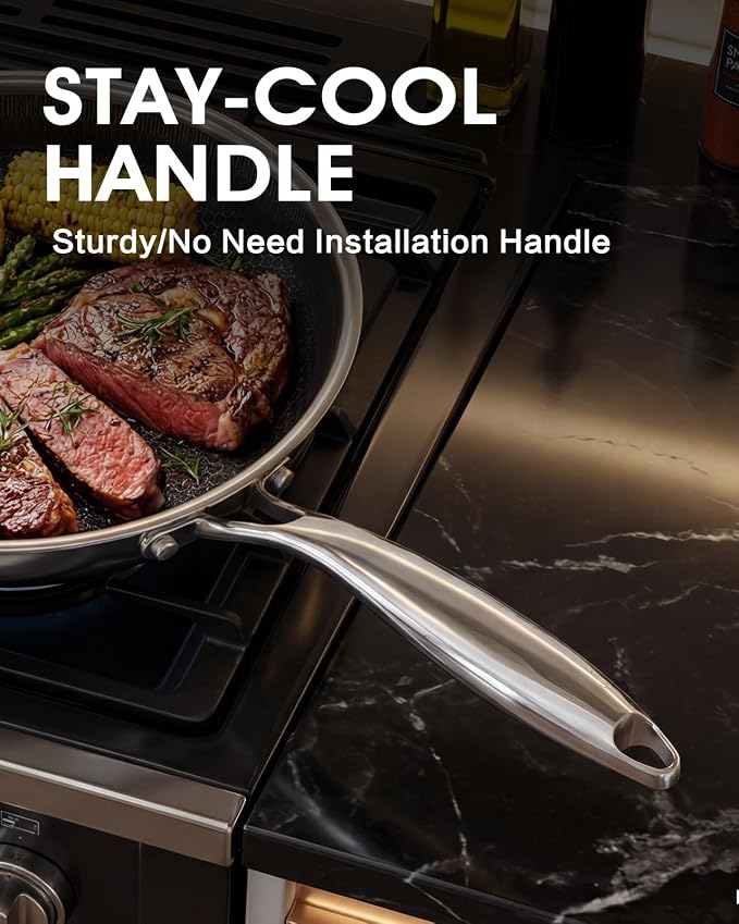 USELUCK Hybrid Non stick Frying Pans with Glass Lid, 10-Inch Frying Pan. | Stainless Steel Skillet with Honeycomb Surface,Oven-Safe,PFAS-Free,Compatible with All Cooktops.