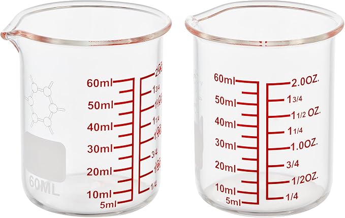 High Borosilicate Glass Measuring Cup-V-Shaped Spout，Glass Measuring Beaker for Kitchen or Restaurant, Easy to Read, 60 ML (2 Oz)-Pack of 2