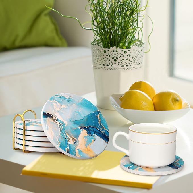 6 Pcs Light Blue Marble Abstract Ceramic Coasters with Holder Best Round Drink Absorbent Coasters for Desk, Lounge, Coffee, Wine, Beverage, Dining Table Decor, Bar Coaster Set