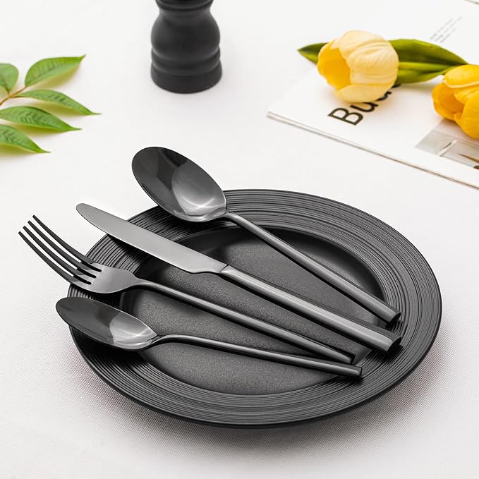 Black Silverware Set, 40-Piece Forged Flatware Set Cutlery Set Premium Stainless Steel, Service for 8, for Kitchen, Home, Wedding, Party, Mirror Polished and Dishwasher Safe