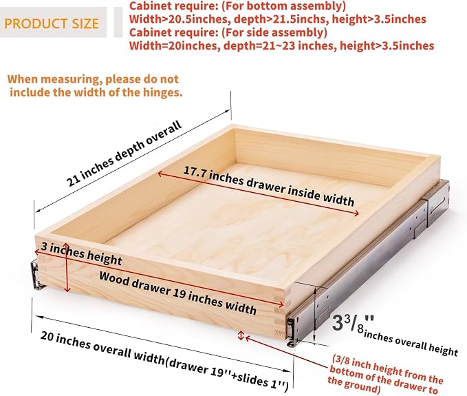 20”W x 21”D x 3”H Soft Close Slide Out Wood Drawer Organizer for Kitchen, (Cabinet Width>20.5 inches for Bottom Assembly, Width= 20 inches for Side Assembly)