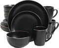 Gibson Home Rockaway 16-Piece Round Stoneware Dinnerware Set, Service for 4 – Black with Gold Rim Plates and Bowls, Microwave & Dishwasher Safe