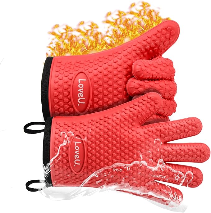 Silicone Oven Mitts Gloves - Heat Resistant, Non-Slip for BBQ, Grilling | 450°F Double-Layer｜Waterproof Kitchen Cooking Barbecue Mittens ｜5 Finger Hot Mitt for Baking, Smoker& Cast Iron(Small)