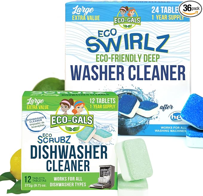 Eco-Gals Eco Swirlz Washing Machine Cleaner with Bonus Eco Scrubz Dishwasher Cleaner Add On 36 Count Deep Cleaning Tablets