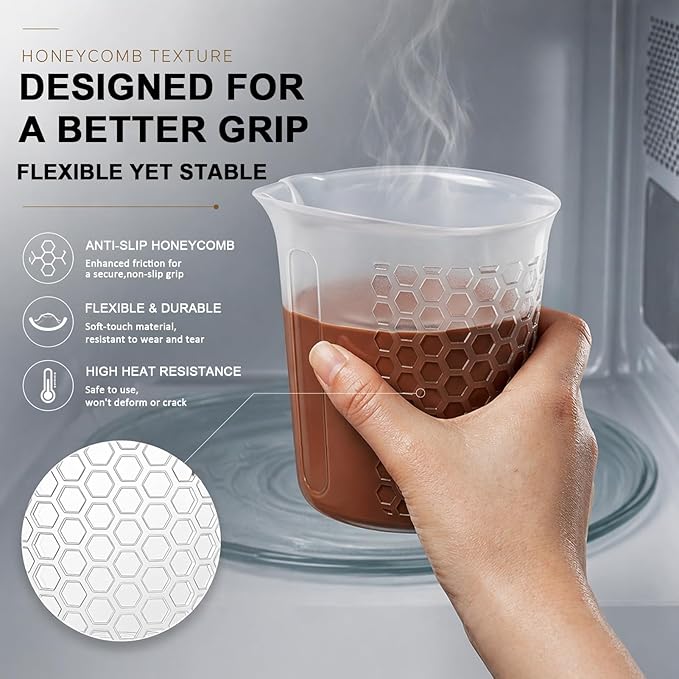 Palksky Silicone Measuring Cups Set 1-Cup & 1-Cup & 2-Cup with 3PCS Jar Spatula, Microwave Safe, Honeycomb Heat-Control Grip, Easy-Read Liquid Measuring for Baking, Cooking & Chocolate Melting