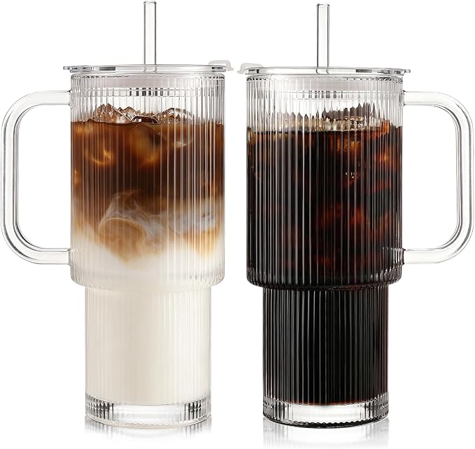 Iced Coffee Cups with Lids 2Pcs: Ribbed Glass Tumbler with Straw and Lid 24oz - Coffee Bar Accessories - Glass Cups and Tumblers with Lids and Straws - Tumbler Leak Proof - Coffee Tumbler with Handle