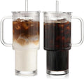 Iced Coffee Cups with Lids 2Pcs: Ribbed Glass Tumbler with Straw and Lid 24oz - Coffee Bar Accessories - Glass Cups and Tumblers with Lids and Straws - Tumbler Leak Proof - Coffee Tumbler with Handle