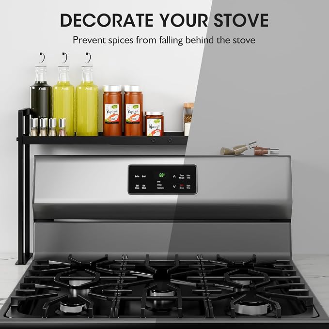 Bumusty Adjustable Stove Top Shelf, 4-Level Spice Rack, Black | Adjustable width and height use vertical space to keep spices organized above stoves or on kitchen counters.