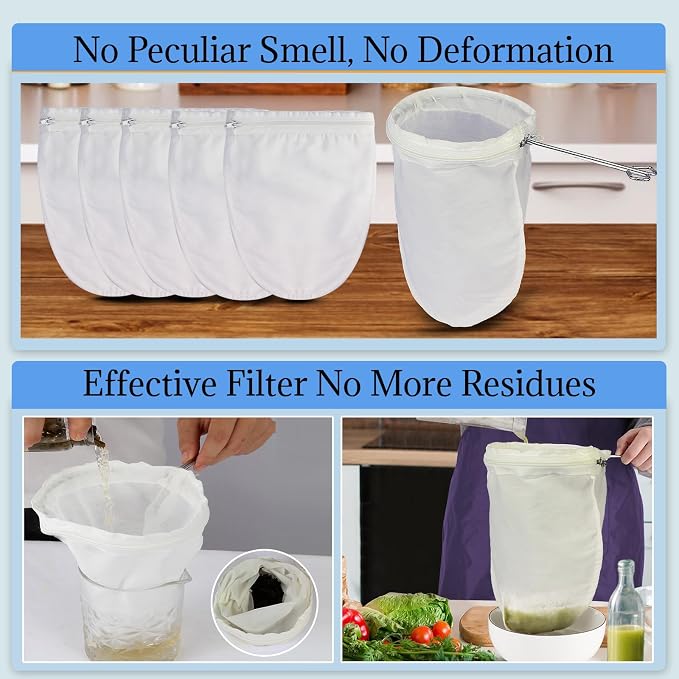 Fine Mesh Strainer, 6Pcs Cloth Strainer Bags with Steel Handle | Reusable Cotton Bags, Multipurpose Strainer Bags, Nut Milk Bags, Juice Strainer for Juicing, Coffee, Thai Tea