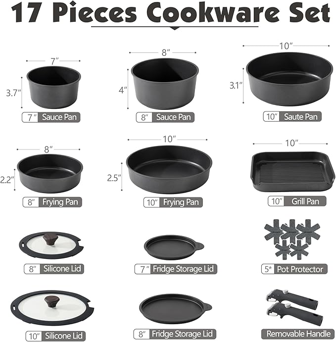 SENSARTE 17 Piece Nonstick Detachable Handle Pots and Pans Set Black | Removable Handle Cookware Set, Induction Cookware Set with Removable Handle, Healthy Non Stick for RV, Dishwasher ＆ Oven Safe