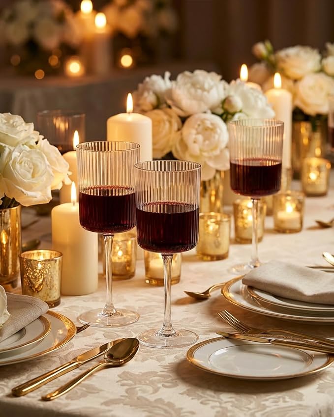 Ciaell 12 Pack Plastic Wine Glasses for Weddings Outdoor Gatherings | 10 oz Ribbed Square Stemmed Cups, Heavy Duty Plastic, Champagne Wine Cocktails Beverages for Parties Birthdays Anniversaries