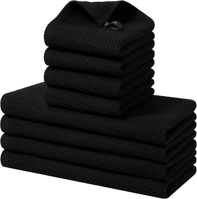 Homaxy 8 Pack 100% Cotton Kitchen Towels and Dishcloths Set, Black | 12 x 12 Inches and 13 x 28 Inches Kitchen Towels Set, Ultra Soft Absorbent Dish Cloths for Washing Dishes