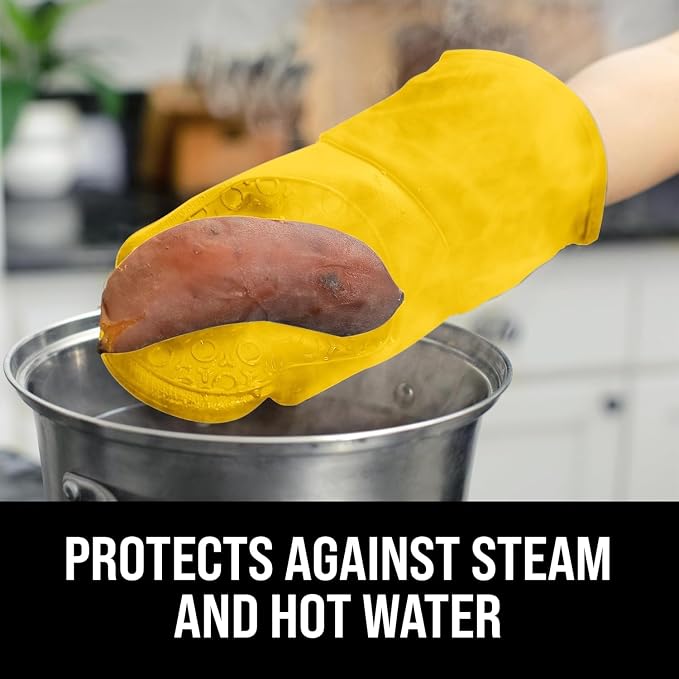 BPA-Free Soft Silicone Oven Mitts - Ultra Heat Resistant Oven Mitts with Thick Cotton Liner - Long Slip Resistant Pot Holders, Flexible Oven Gloves - Yellow 13.7"