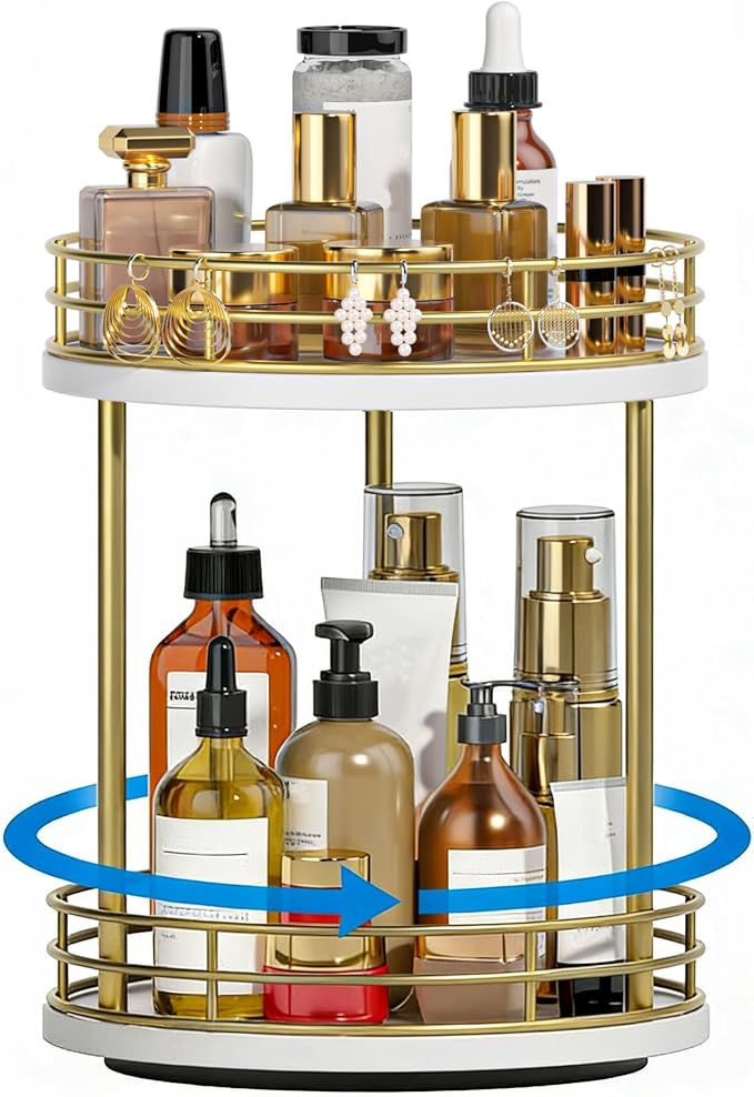 2-Tier Rotating Bathroom Countertop Organizer, Wooden Makeup Vanity Storage, Multifunctional Lazy Susan Turntable for Skincare, Perfume and Cosmetics (White-Gold)
