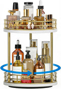 2-Tier Rotating Bathroom Countertop Organizer, Wooden Makeup Vanity Storage, Multifunctional Lazy Susan Turntable for Skincare, Perfume and Cosmetics (White-Gold)
