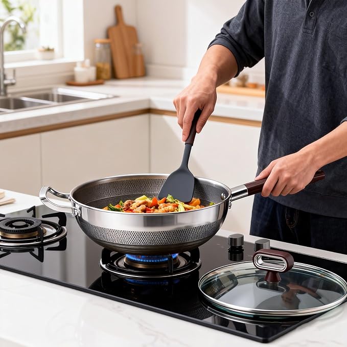 Titanium Wok Pan, 13 Inch Wok with Lid, Non Stick Stainless Steel Woks & Stir-fry pans, PFOA/PFAS/PTFE Free, Dishwasher Safe, Home Use For All Stoves,13Inch